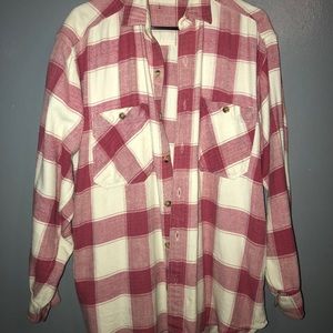 pink and white flannel shirt